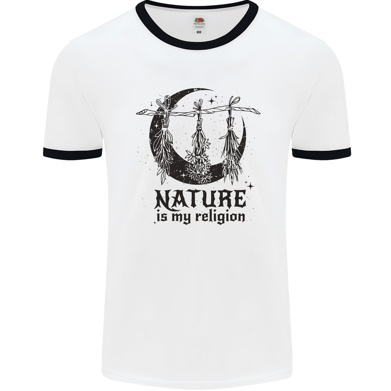 Nature Is My Religion Halloween Witch Mens White Ringer T-Shirt White/Black