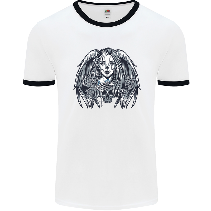 Heaven & Hell Angel Skull Day of the Dead Mens White Ringer T-Shirt White/Black