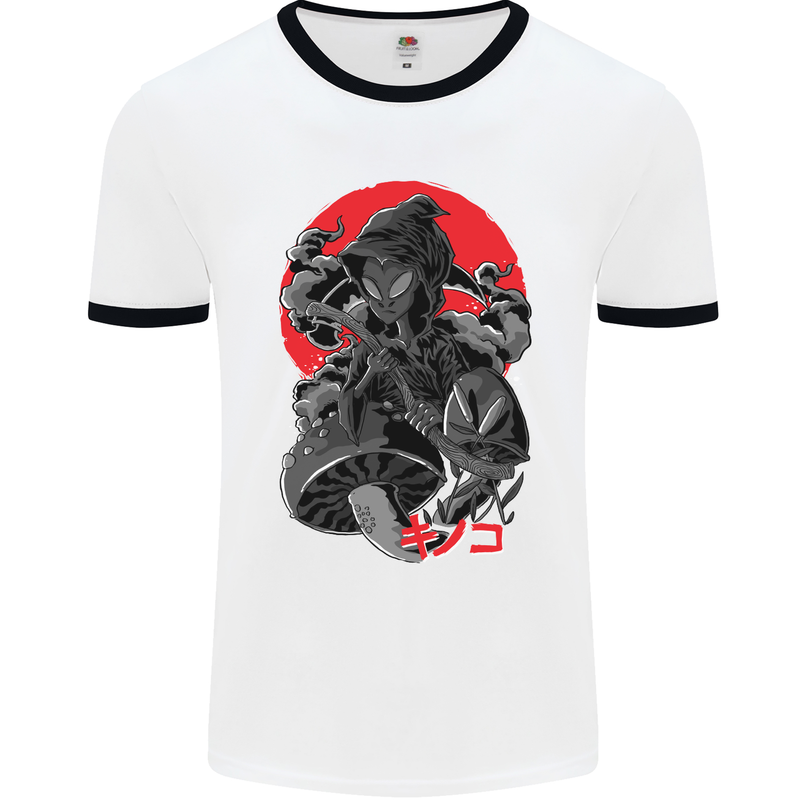 Magic Mushrooms Weed Japanese Alien Mens White Ringer T-Shirt White/Black