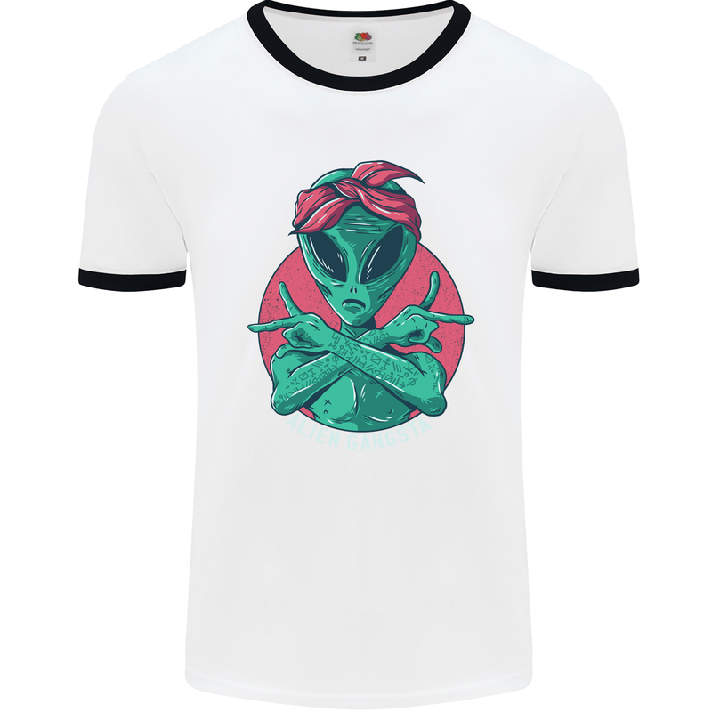 Funny Alien Gangster UFO 2Pac Rap Music Mens White Ringer T-Shirt White/Black
