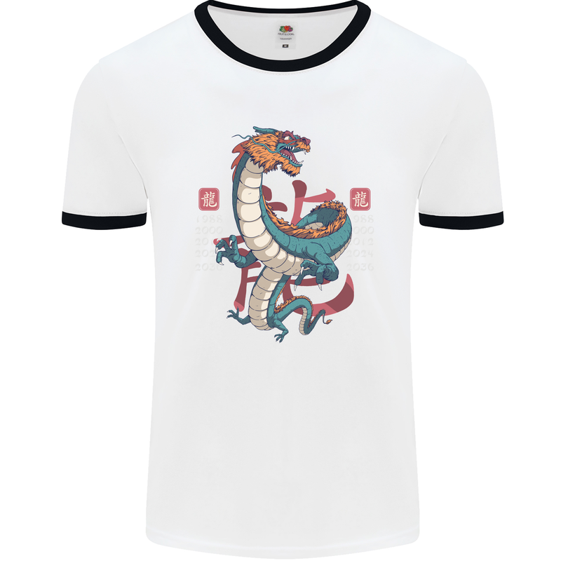 Chinese Zodiac Shengxiao Year of the Dragon Mens White Ringer T-Shirt White/Black