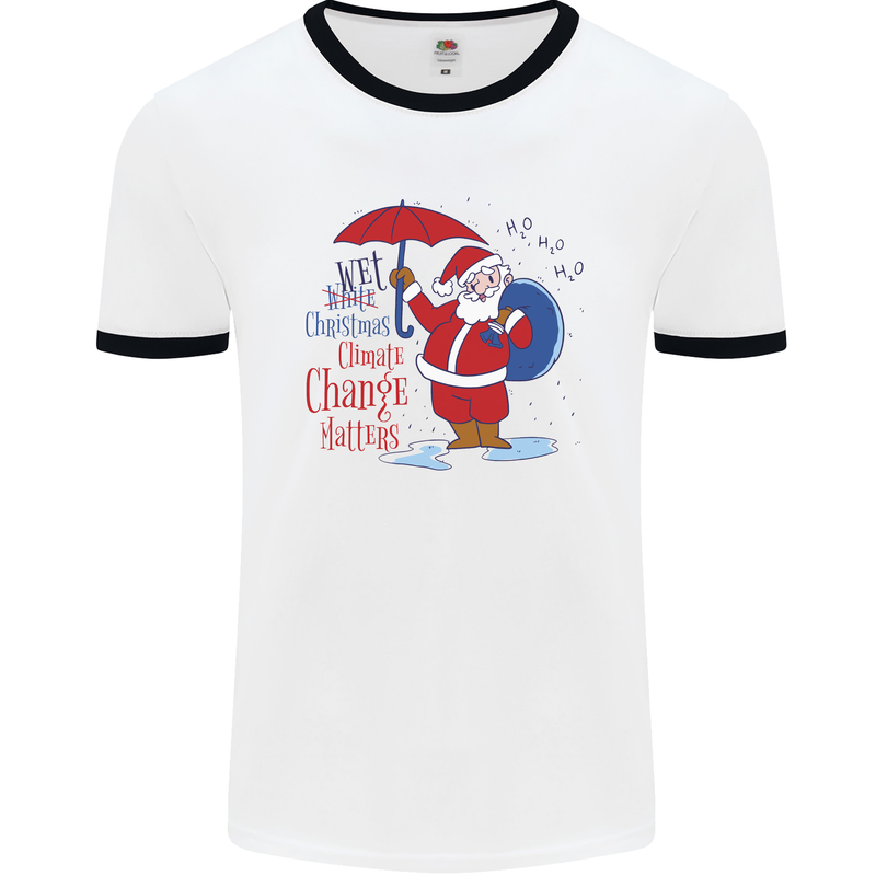 Christmas Climat Change Matters Santa Mens White Ringer T-Shirt White/Black