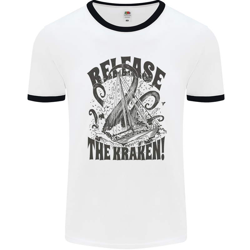 Release the Kraken Cthulhu Sea Creature Mens White Ringer T-Shirt White/Black