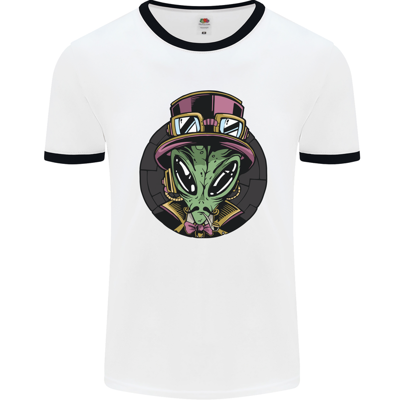 Steampunk Alien Mens White Ringer T-Shirt White/Black