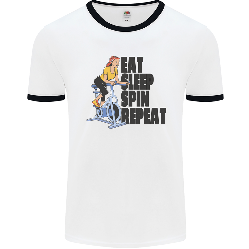 Spinning Eat Sleep Spin Repeat Cycling Mens White Ringer T-Shirt White/Black