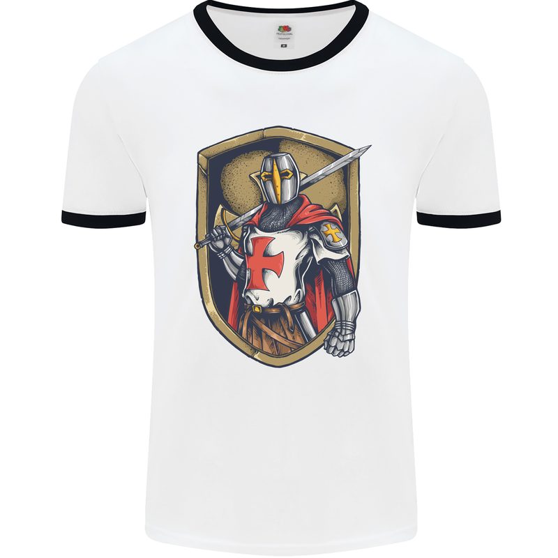 Knights Templar England St Georges Day Mens White Ringer T-Shirt White/Black