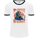 No Coffee No Work Funny Skull Grim Reaper Mens White Ringer T-Shirt White/Black