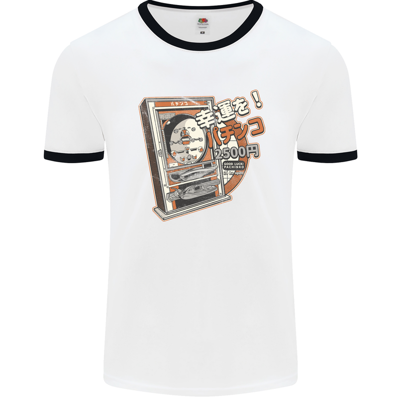 Pachinko Machine Arcade Game Pinball Mens White Ringer T-Shirt White/Black