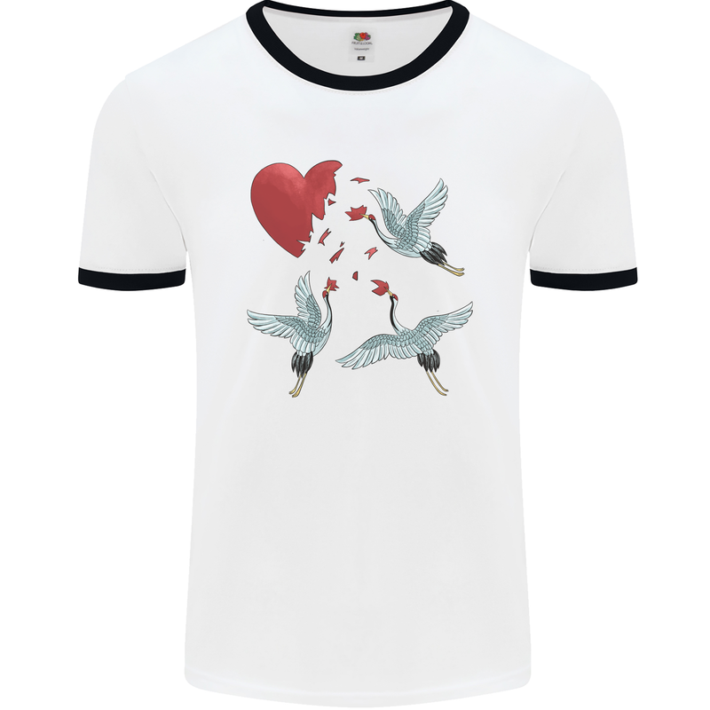 Crane Heart Anti Valentines Day Single Funny Mens Ringer T-Shirt White/Black