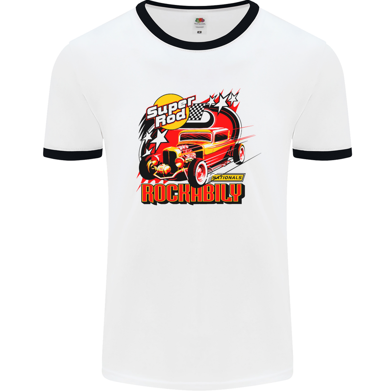 Rockabily Hot Rod Hotrod Dragster Mens White Ringer T-Shirt White/Black