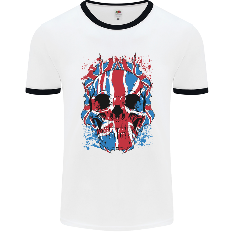 Union Jack Flag Skull Gym MMA Biker Mens White Ringer T-Shirt White/Black