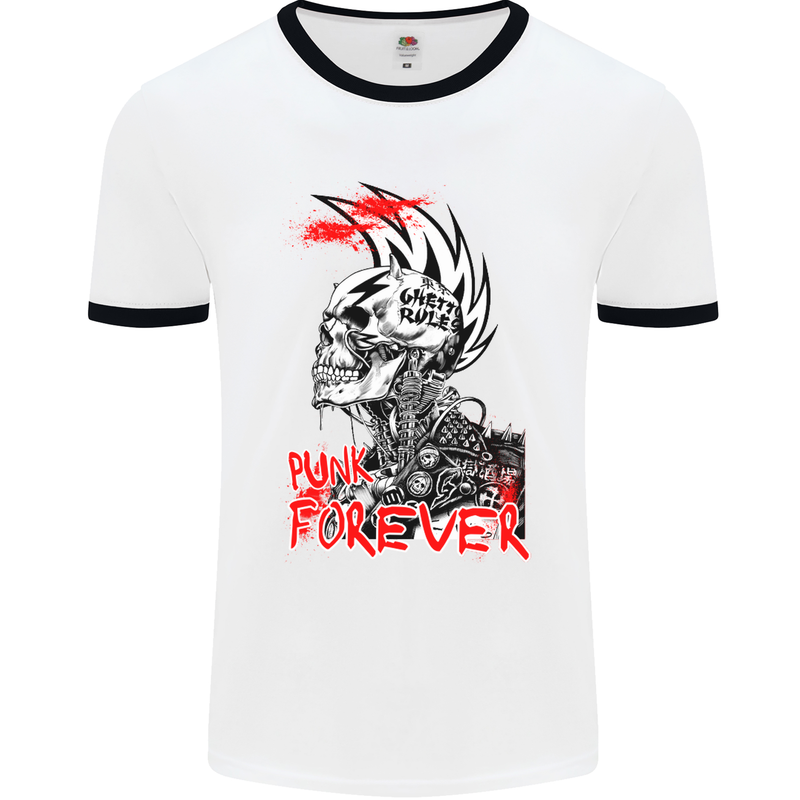 Punk Forever Rocker Skull Music Festival Mens White Ringer T-Shirt White/Black