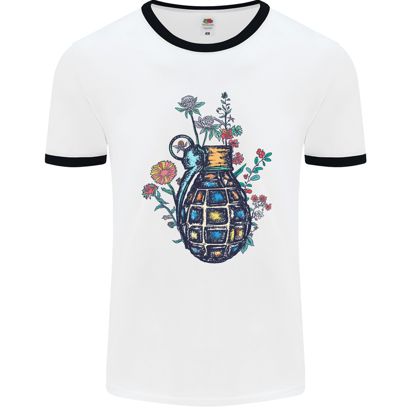 Peace Grenade Anti-War Pacifist World Hippy Mens White Ringer T-Shirt White/Black