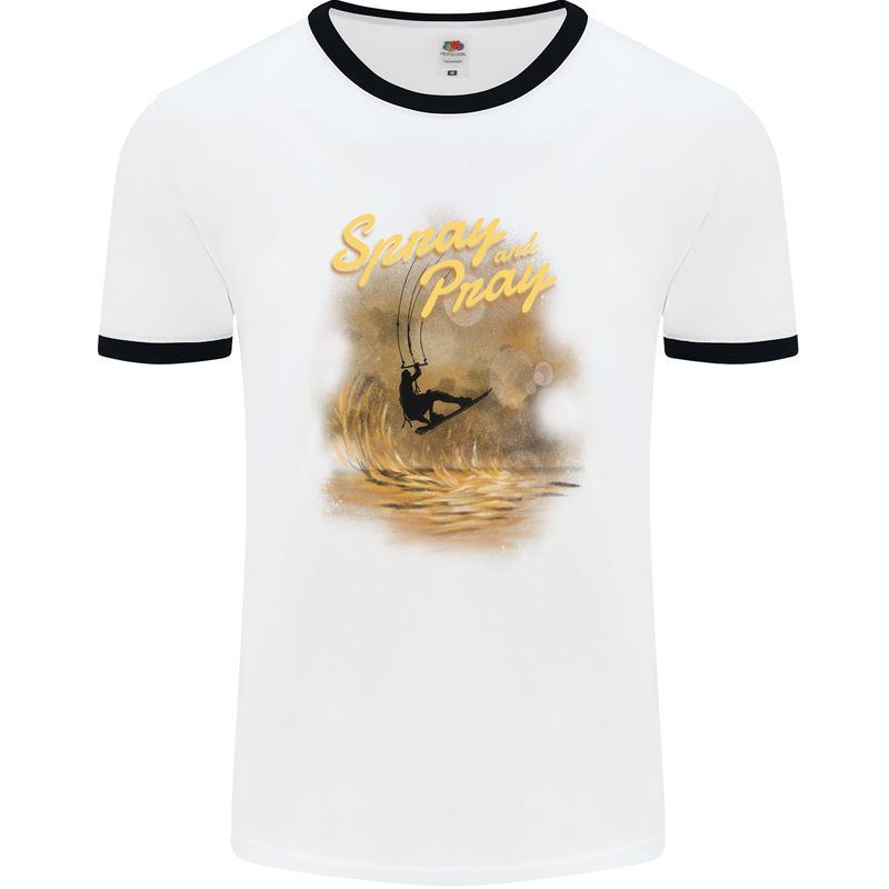 Kitesurfing Spray and Pray Mens Ringer T-Shirt White/Black