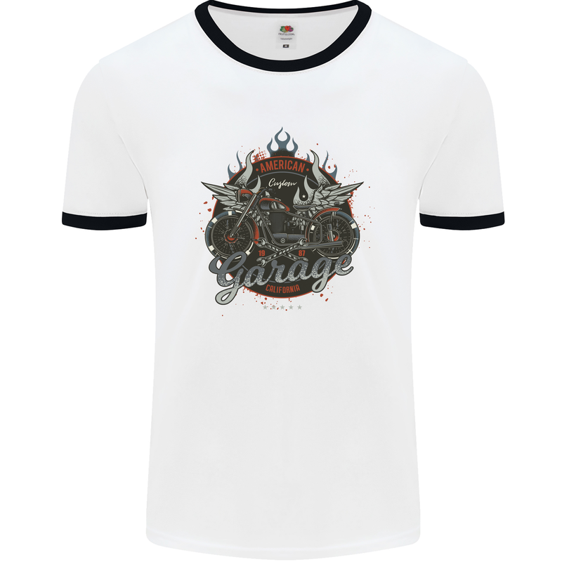 American Custom Garage Biker Motorcycle Mens White Ringer T-Shirt White/Black