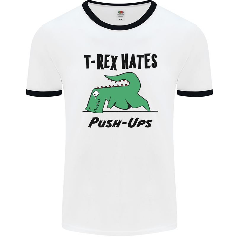 T-Rex Hates Push Ups Funny Gym Dinosaurs Mens White Ringer T-Shirt White/Black