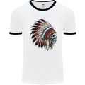 Indian Skull Headdress Biker Motorbike Mens White Ringer T-Shirt White/Black