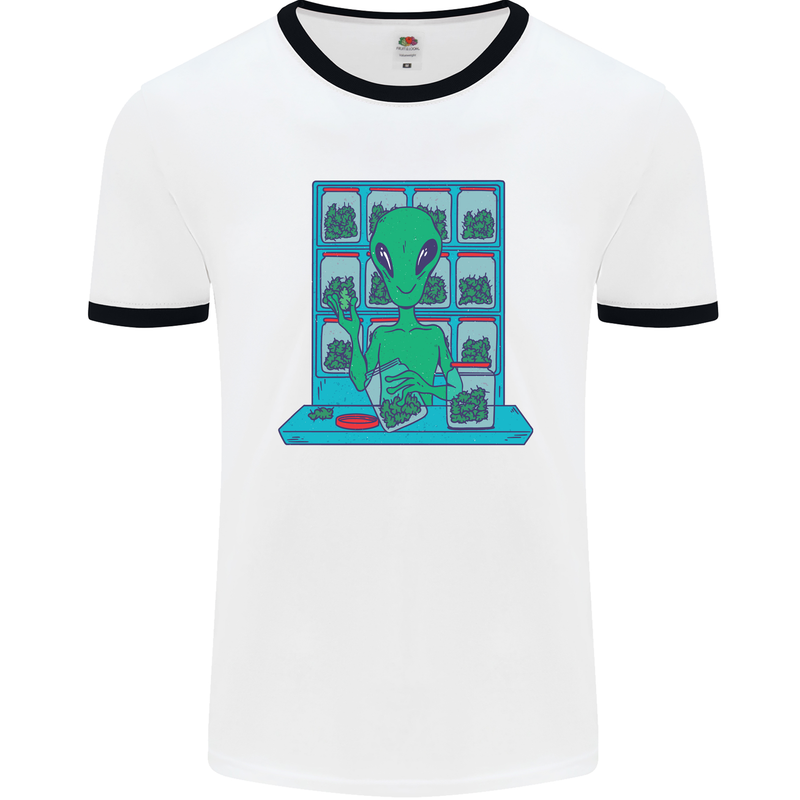 Funny Alien Drug Dealer Weed Mens White Ringer T-Shirt White/Black