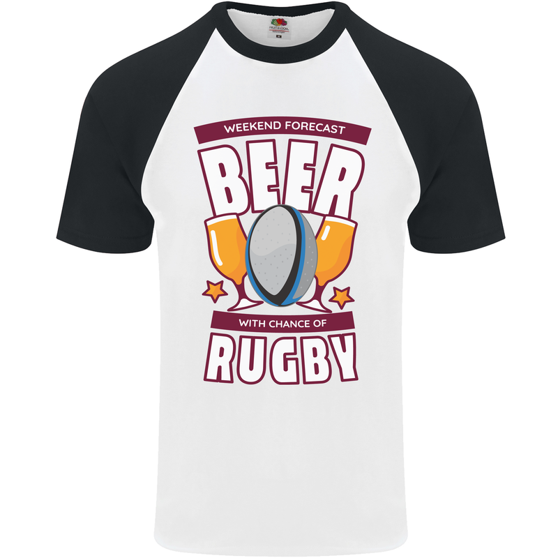 Weekend Forecast Beer Alcohol Rugby Funny Mens S/S Baseball T-Shirt White/Black