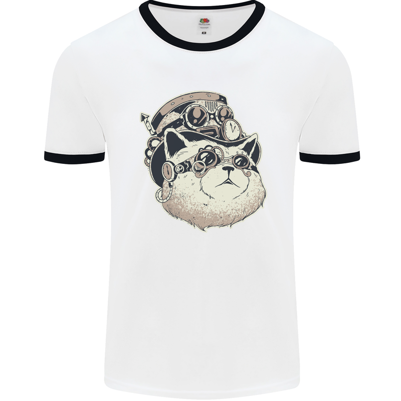 Steampunk Cat Mens White Ringer T-Shirt White/Black