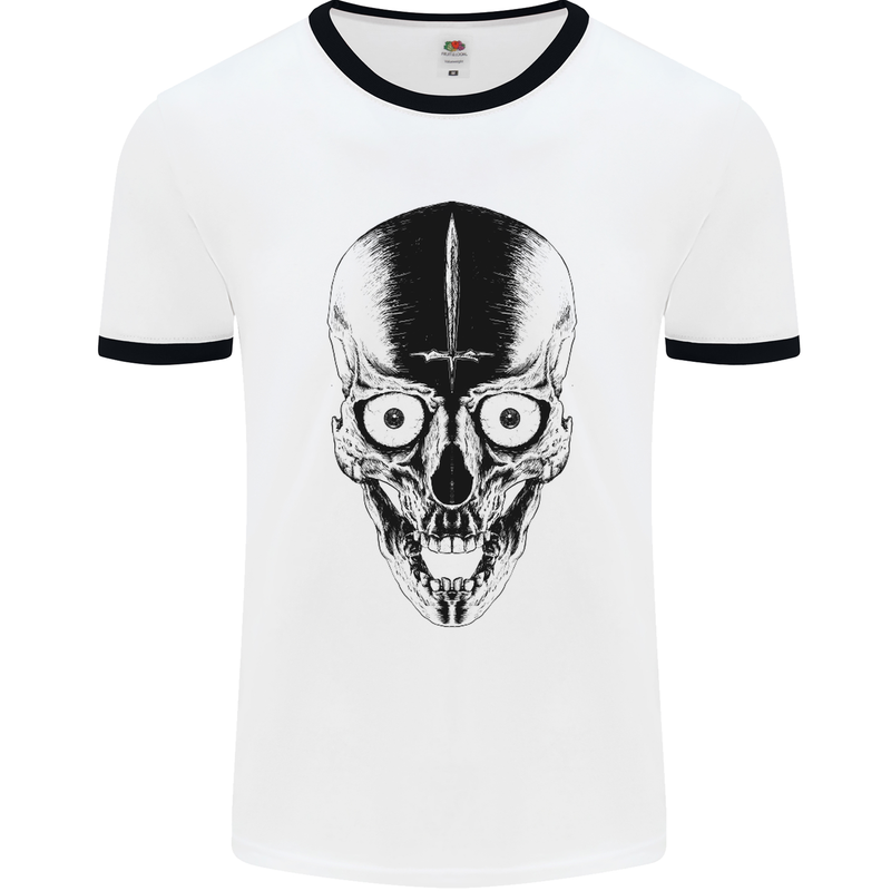 Skull With a Sword Gothic Heavy Metal Rock Mens White Ringer T-Shirt White/Black