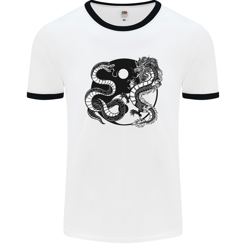 Yin Yang Dragons Japan Japanese Mens White Ringer T-Shirt White/Black