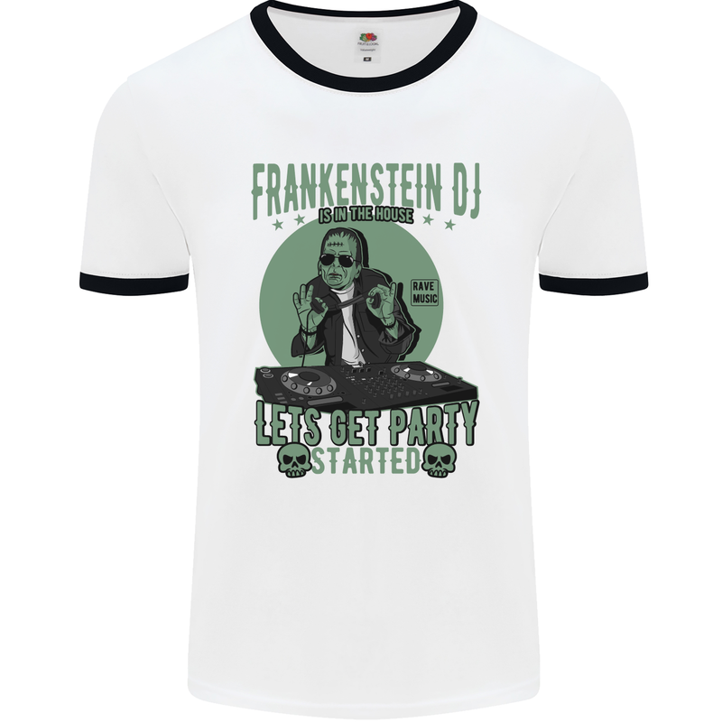 DJ Frankenstein Funny Music Vinyl Halloween Mens White Ringer T-Shirt White/Black