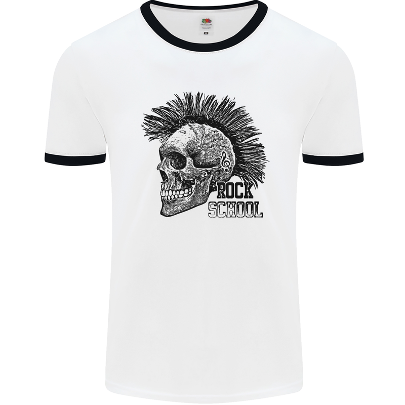 Rock n Roll Music School Skull Guitar Mens White Ringer T-Shirt White/Black