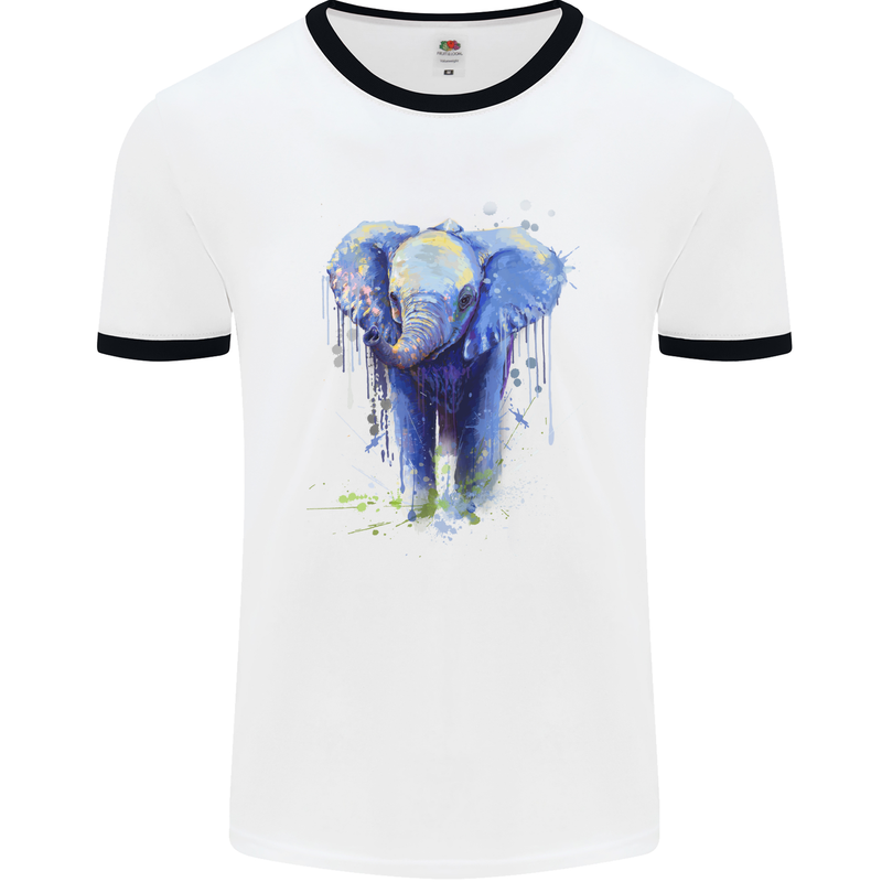 Elephant Watercolour Mens White Ringer T-Shirt White/Black