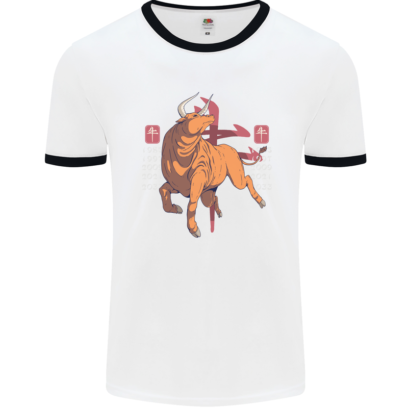 Chinese Zodiac Shengxiao Year of the Ox Mens White Ringer T-Shirt White/Black