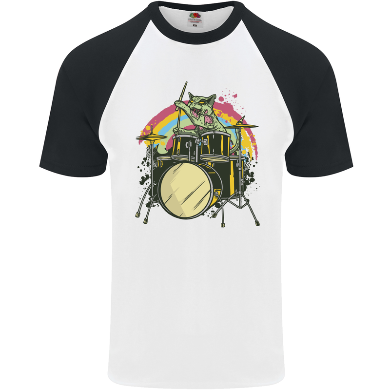 Zombie Cat Drummer Mens S/S Baseball T-Shirt White/Black