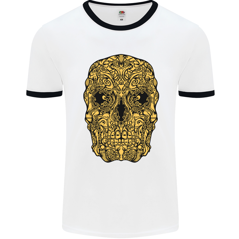 Ethnic Skull Gothic Tribal Demon Mens White Ringer T-Shirt White/Black