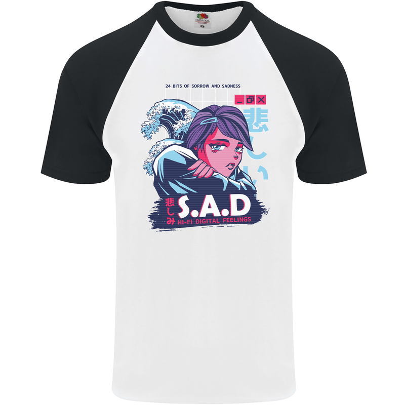 Music Vaporwave Anime Girl Emo SAD Mens S/S Baseball T-Shirt White/Black