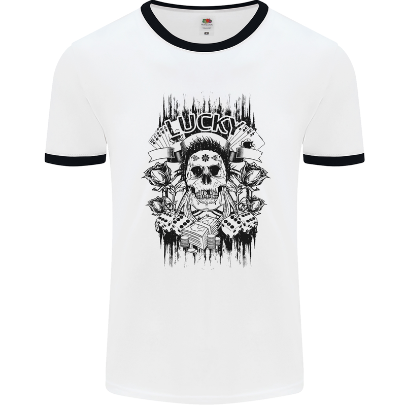 Lucky Dice Skull Motorbike Biker Motorcycle Mens White Ringer T-Shirt White/Black