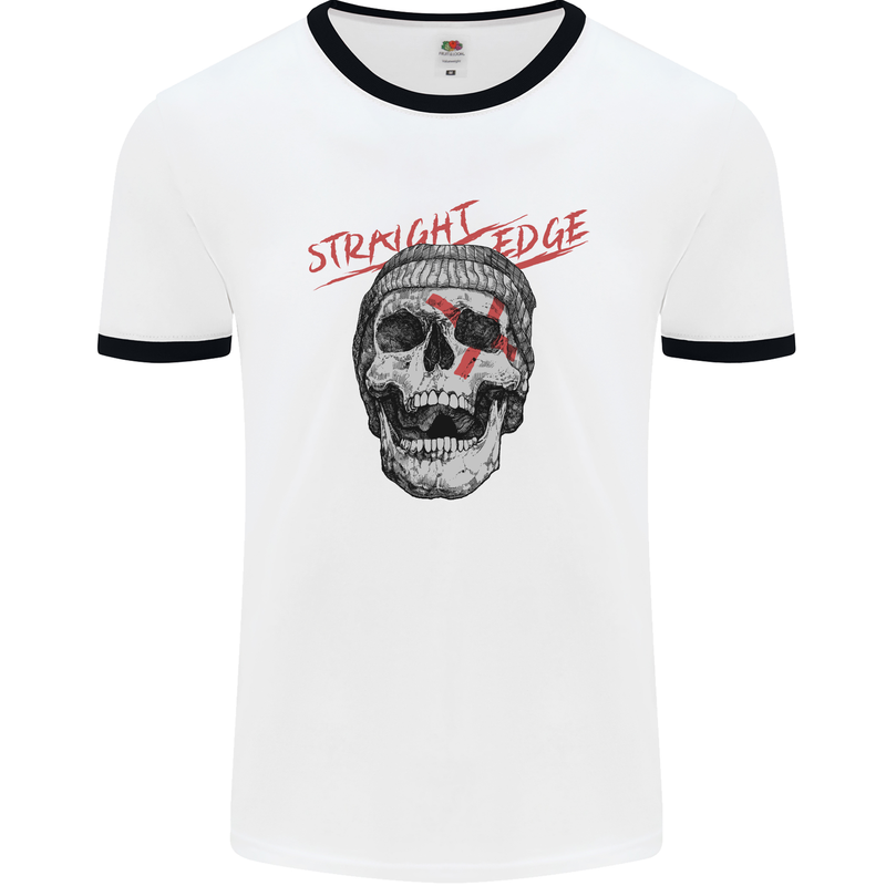 Straight Edge Skull Biker Motorcycle Mens White Ringer T-Shirt White/Black