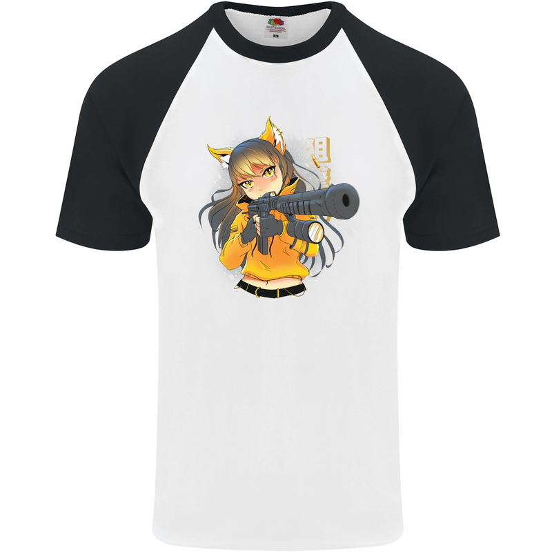 Anime Gun Girl Mens S/S Baseball T-Shirt White/Black