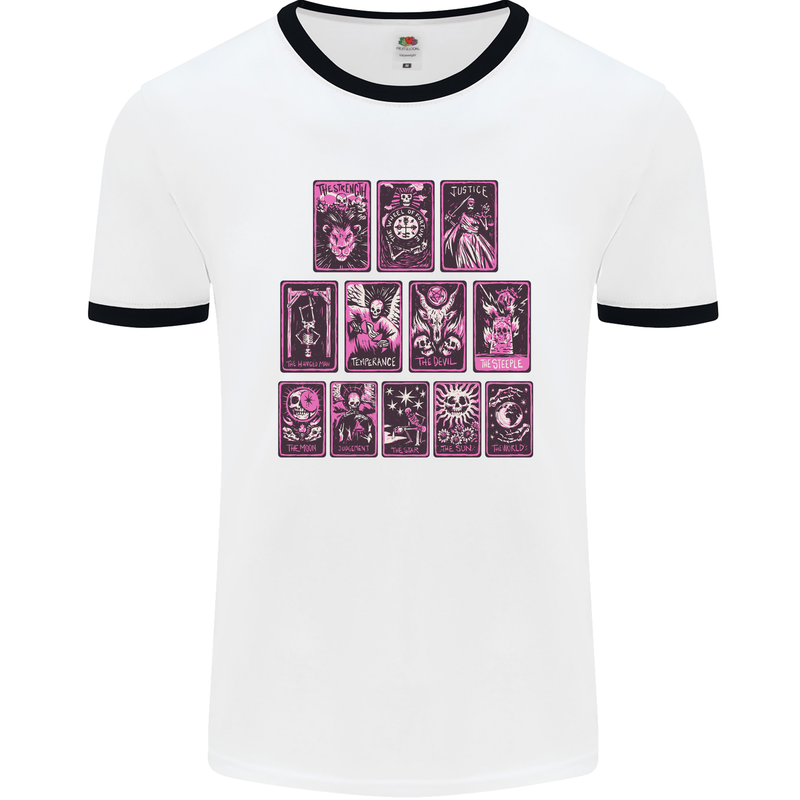 Tarot Cards Fortune Teller Skulls Mens White Ringer T-Shirt White/Black