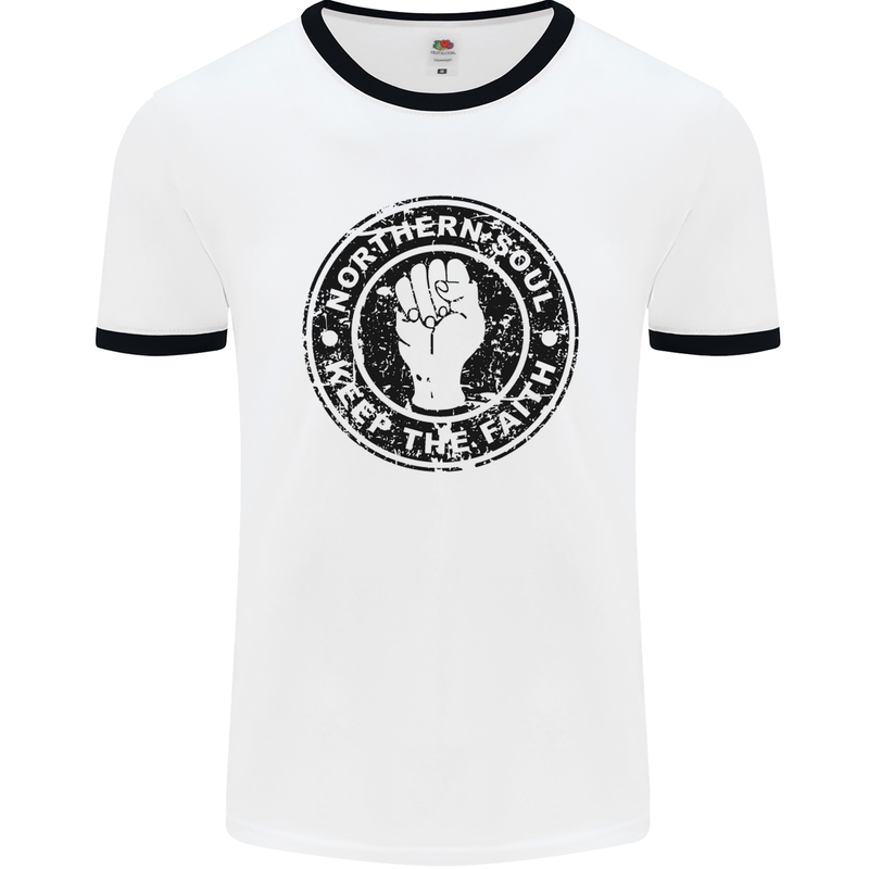 Northern Soul Keeping the Faith Mens White Ringer T-Shirt White/Black