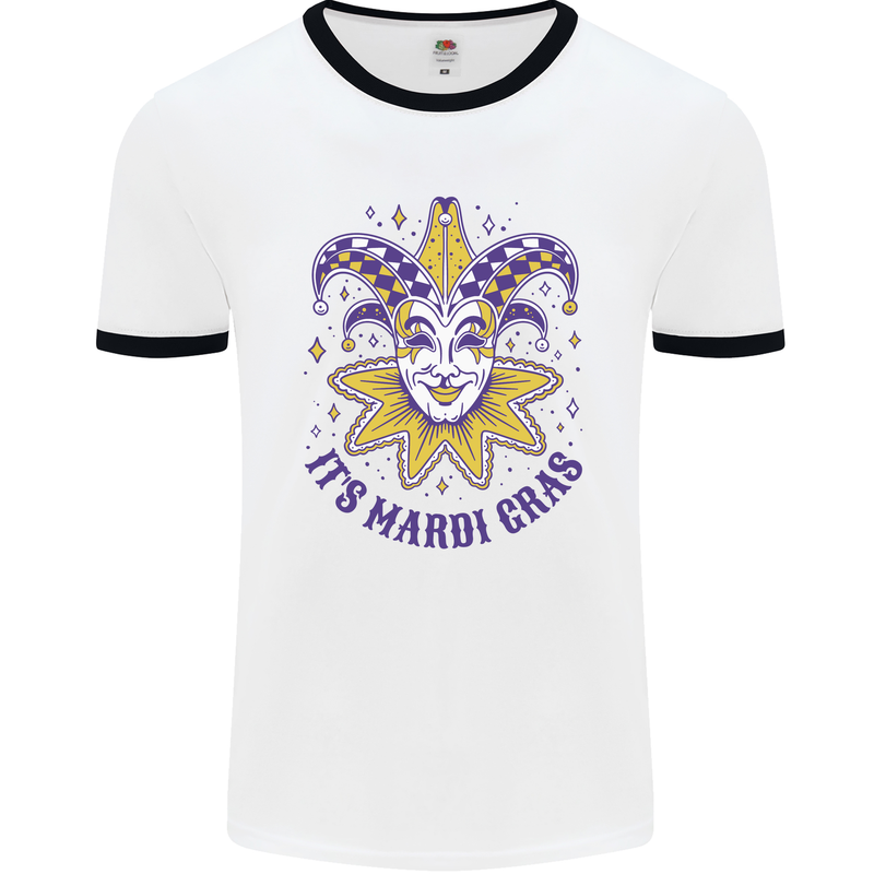 Its Mardi Gras Mens White Ringer T-Shirt White/Black