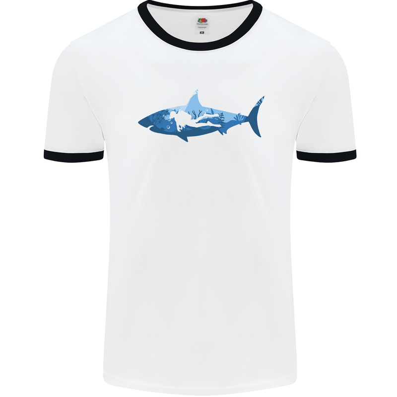 Great White Shark Scuba Diver Diving Mens White Ringer T-Shirt White/Black