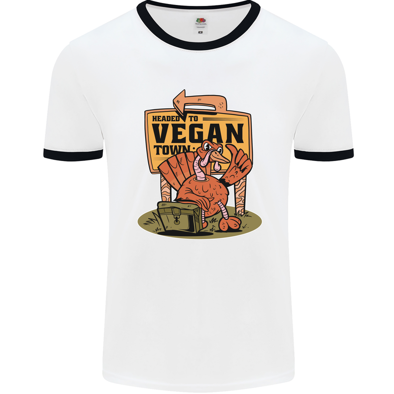 Heading to Vegan Town Funny Turkey Mens White Ringer T-Shirt White/Black