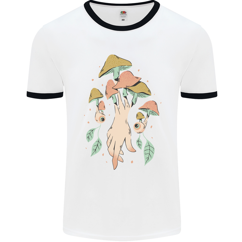 Trippy Magic Mushrooms With Eyes Mens White Ringer T-Shirt White/Black