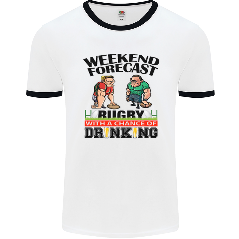 Weekend Forecast Rugby Funny Beer Alcohol Mens White Ringer T-Shirt White/Black