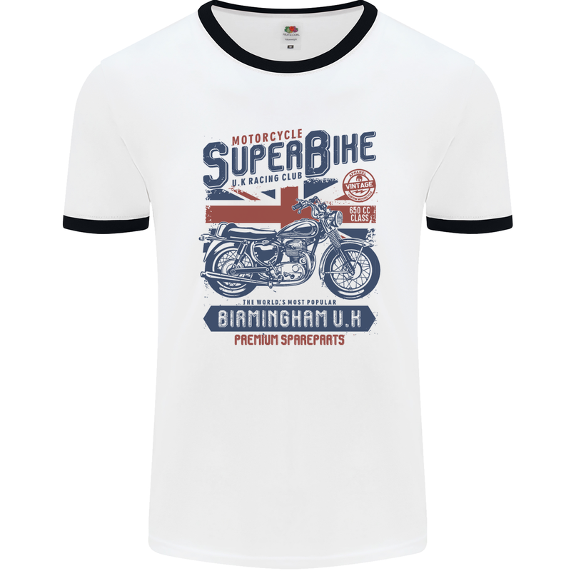 Motorcycle Superbike Birmingham U.K. Biker Mens White Ringer T-Shirt White/Black