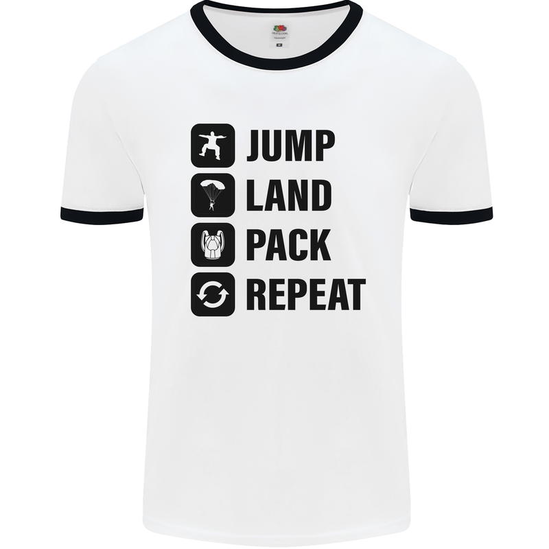 Skydiving Jump Land Pack Funny Skydiver Mens White Ringer T-Shirt White/Black