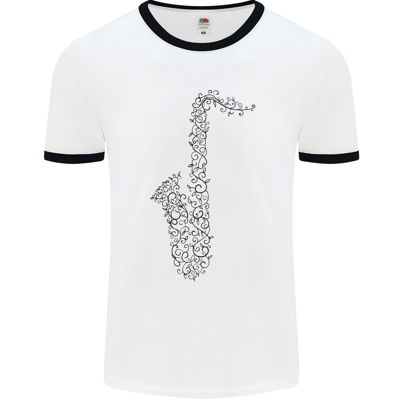 A Saxaphone Musical Instrument Brass Band Mens White Ringer T-Shirt White/Black