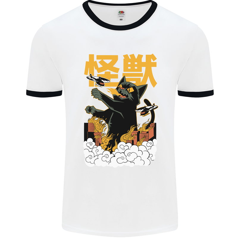 Catzilla Funny Cat Monster Parody Mens White Ringer T-Shirt White/Black