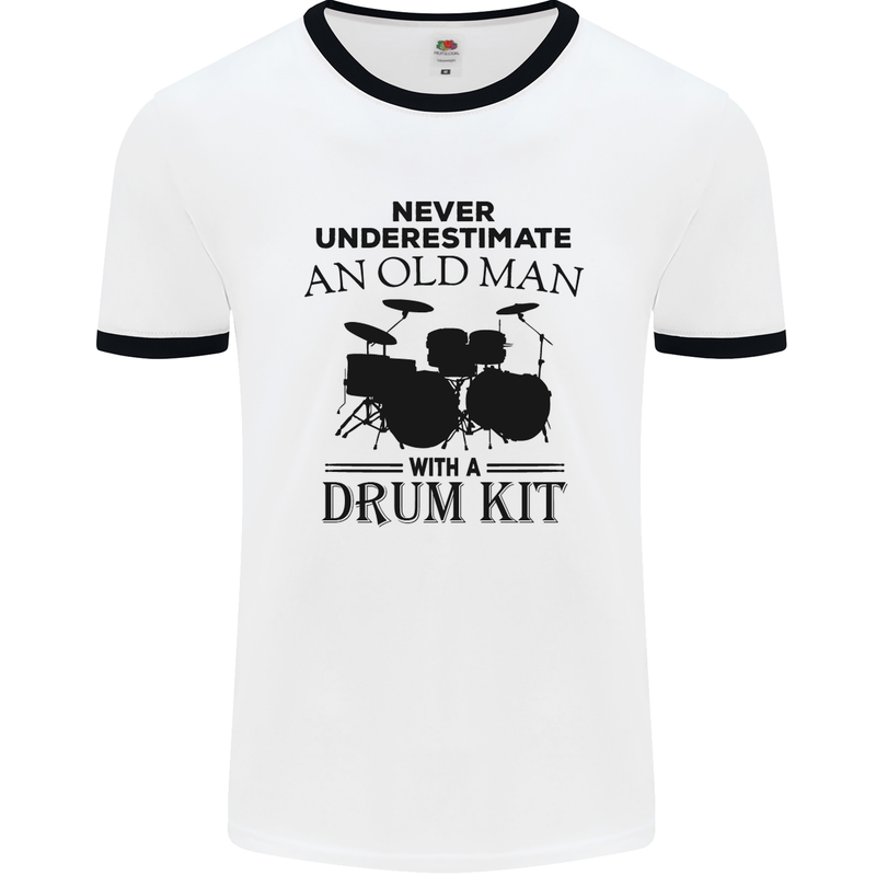 Old Man Drumming Drum Kit Drummer Funny Mens White Ringer T-Shirt White/Black