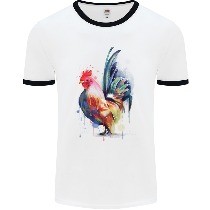 A Chicken Watercolour Mens White Ringer T-Shirt White/Black