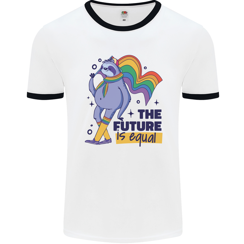 LGBT Sloth The Future Is Equal Gay Pride Mens White Ringer T-Shirt White/Black